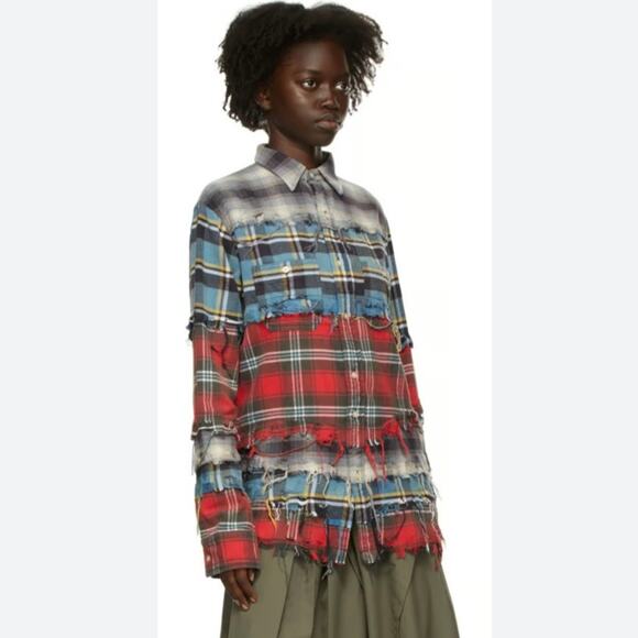 R13 Plaid Piece Long Sleeve Button Up Shirt Mens XS/ Womens M Patchwork - Picture 1 of 12